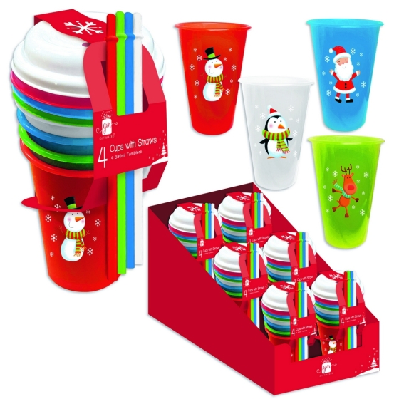CUPS CHRISTMAS PLASTIC W/STRAWS