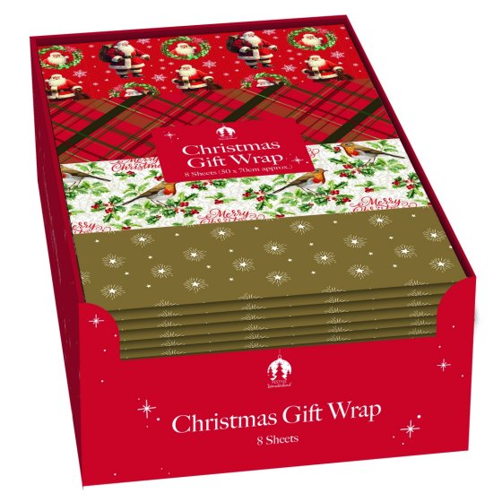 FLAT GIFT WRAP 8 SHEETS TRADITIONAL - ASST