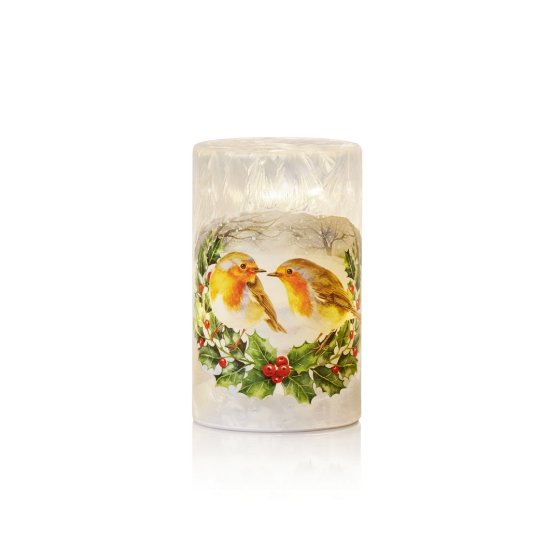 15CM LIT GLASS PILLAR ROBIN SCENE