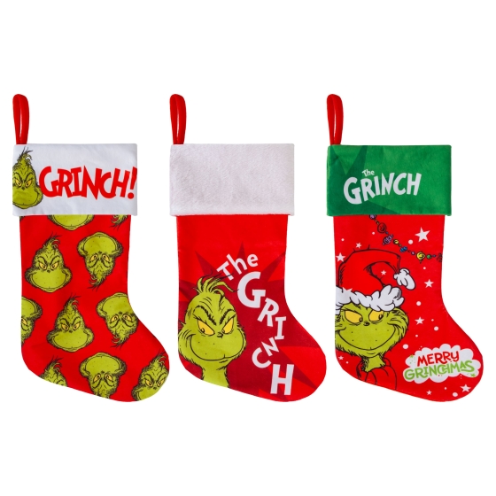 THE GRINCH SMALL FLEECE STOCKING 46CM 3 asst
