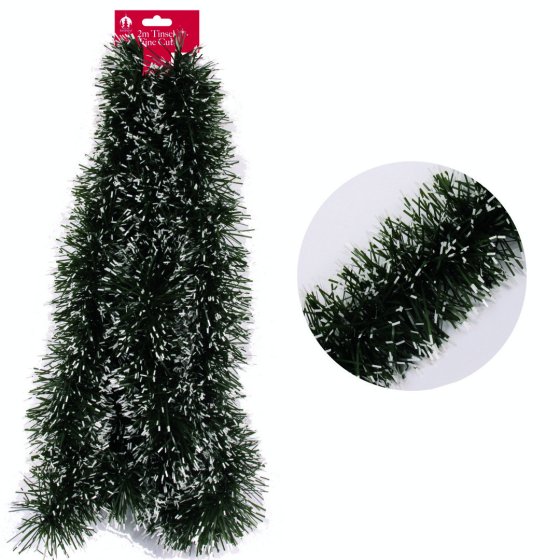 TINSEL 2M FINE CUT GREEN SNOW TIPPED