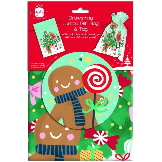 GIFT BAG GINGERBREAD D/STRING JUMBO 46X70CM