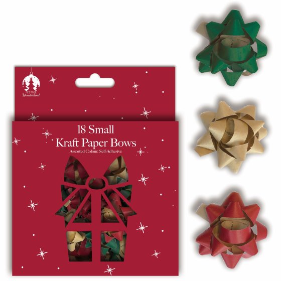 XG2909 BOW CONFETTI SML KRAFT RED GOLD GRN 18PK