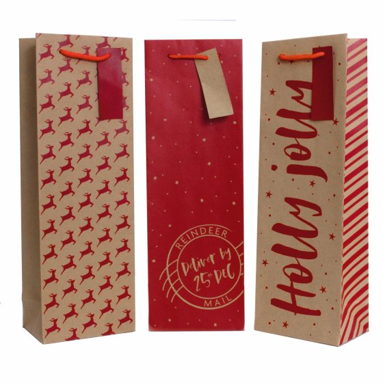 XG2617 BOTTLE BAGS XMAS KRAFT ASSTD