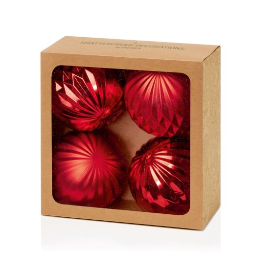 XH3705 BAUBLES 4PK RED GEO DESIGN 80M