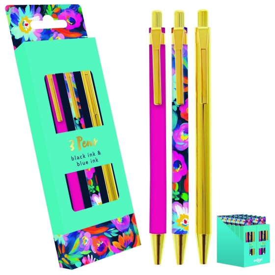 SJ01405 PENS BALLPOINT BLUE/BLACK INK 3PK BOTANICAL BLISS