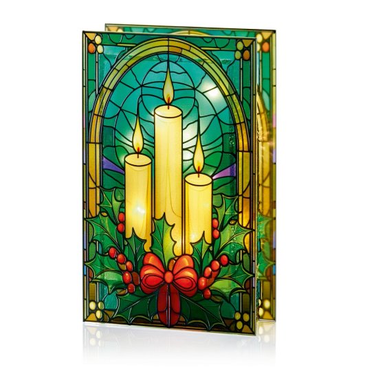 LIT CANDLES N HOLLY STAINED GLASS 21 X 13CM