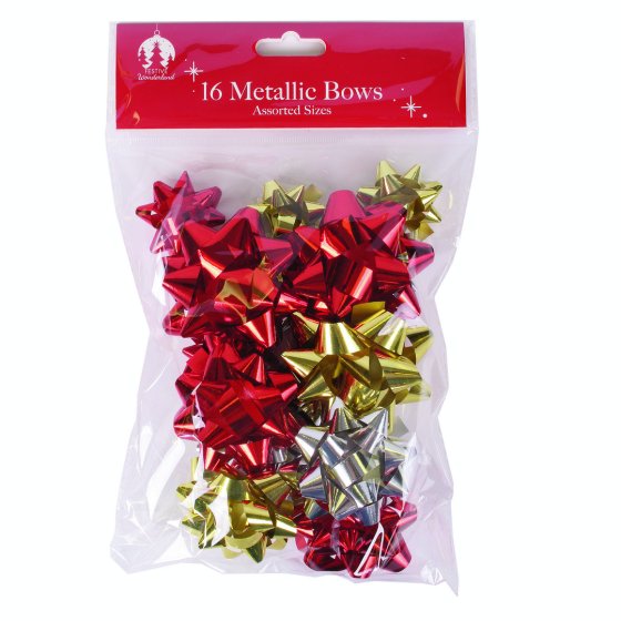 BOWS METALLIC FOIL GOLD/SILVER/RED 16PK