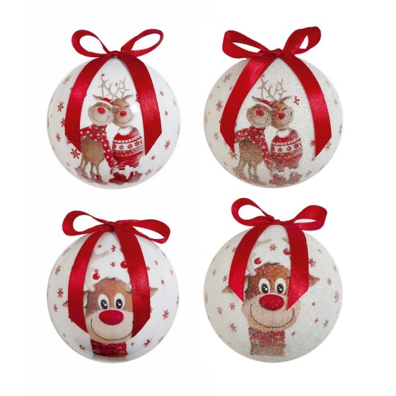 75MM CUTE REINDEER DECOUPAGE BAUBLES 4 ASST