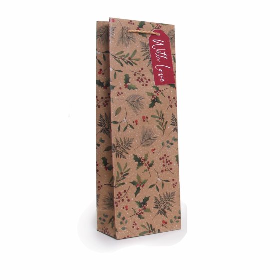 XG2609 BOTTLE BAG WINTER FOLIAGE KRAFT