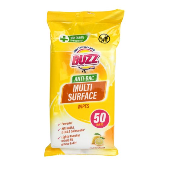 BUZZ MULTI SURFACE ANTIBAC WIPES 50PK LEMON