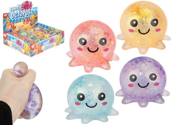 SQUISHIES GLITTER OCTOPUS 6.6CM 4 ASST