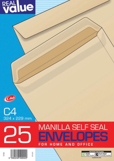 SH01011 ENVELOPES C4 MANILLA 25S
