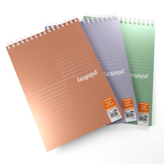 NOTEBOOK LUXPAD MET A4 TOP BOUND T/W 200 PAGE ASST