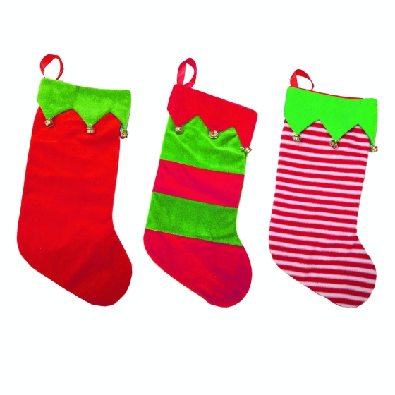STOCKING CHRISTMAS ELF WITH BELLS 27X42CM 3 ASST