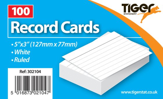 SH02901 100 RECORD CARDS WHITE 5X3