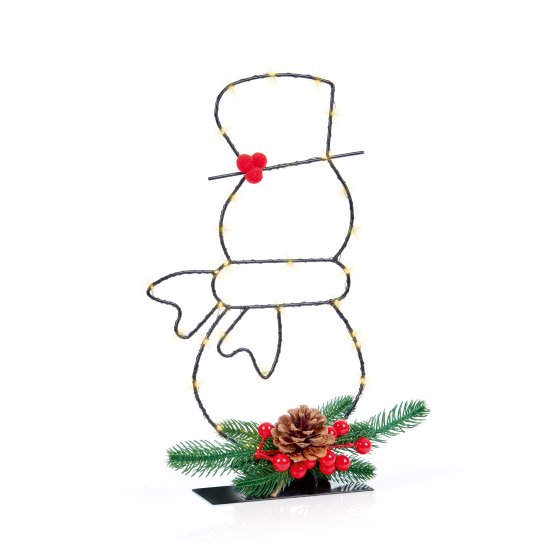 LIT LED MICROBRIGHTS METAL SNOWMAN WITH FLORISTRY 37CM