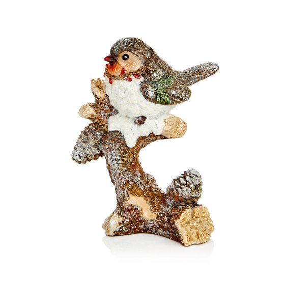 14CM RESIN SNOWY ROBIN ON TALL BRANCH
