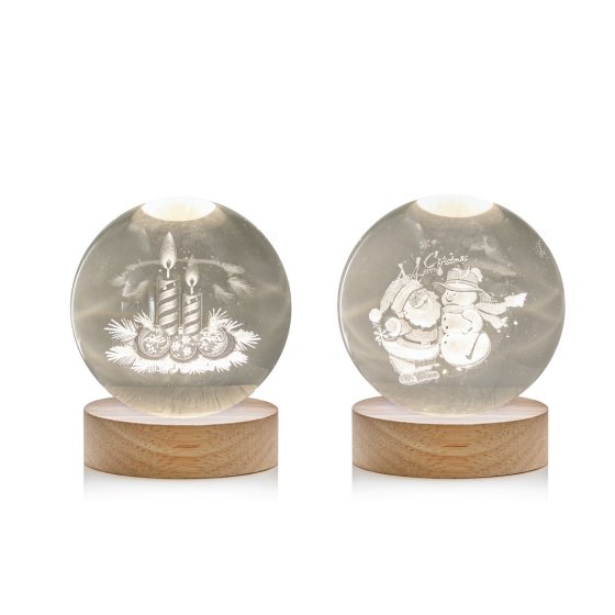 LIT LED 3D ETCHED GLASS BALL CHRISTMAS CHARACTERS 8CM 2 ASST
